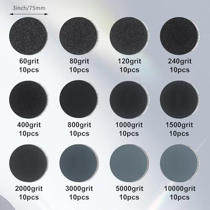 134Pack 3 Inch Wet Dry Sanding Discs Kit for Drill Sanding Attachment, 60 to 10000 Grit with 1/8" 1/4" 5/8" Adapters, Buffing Pads for Car Headlight Cleaning, Scratch Removal, Auto Detailing