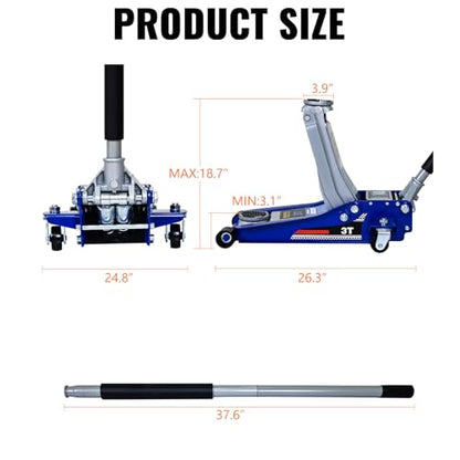 3 Ton Low Profile Hydraulic Floor Jack, Heavy Duty Steel Dual Piston Quick Lift Pump, CE Certified - size: Steel Body - Low Profile (3.1" Min Height)
