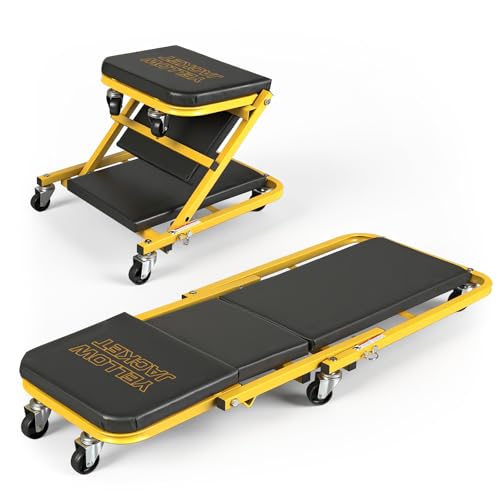 YELLOW JACKET Mechanic Creeper Stool, 40 Inches Extended 2-in-1 Foldable Z-Creeper Rolling Garage Seat with Wheels, Heavy Duty Steel Auto Repair Garage Stool for Shop, 330 LBS Capacity - size: 40 inch