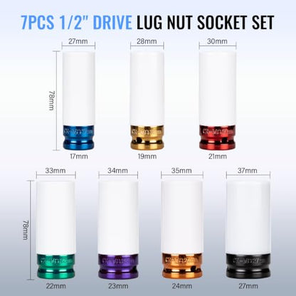 1/2" Drive Wheel Protector Impact Socket, Metric Deep 17mm - 27 mm (7 PCS) - size: 1/2" Color Impact Sockets 7pcs