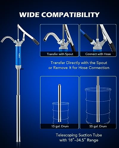 OMT Lever Action Barrel Pump with Telescoping Suction Tube - color: Blue Lever Action Steel Pump