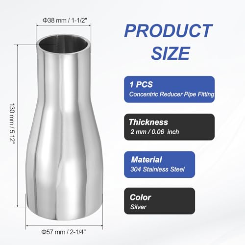 PATIKIL Concentric Reducer Pipe Fitting, 2-1/4"(57mm) to 1-1/2"(38mm) OD 304 Stainless Steel Butt Weld Tube Long Reducer Exhaust Pipe for Food Beverage HVAC Plumbing, Silver - size: 2-1/4" to 1-1/2" OD