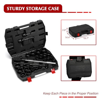 EMENTOL 3/4" Drive Jumbo Impact Socket Set, 27PCS, SAE (7/8"-2") and Metric (22mm-50mm),Shallow, 6-Point,Includes Ratchet Handle, Extension Bars, Sliding Breaker Bar, CR-MO - style: 27PCS SAE (7/8"-2") & Metric (22mm-50mm)