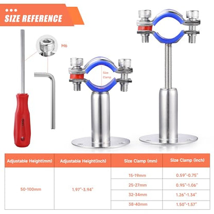 6PCS 304 Stainless Steel Wall Mount Ceiling Mount Pipe Supports,Suitable for OD Pipe 25-27mm,Adjustable Height 50-100mm,Adjustable Pipe Strap Clamp with Screws - color: Adjustable Height 50-100mm, style: 25-27mm