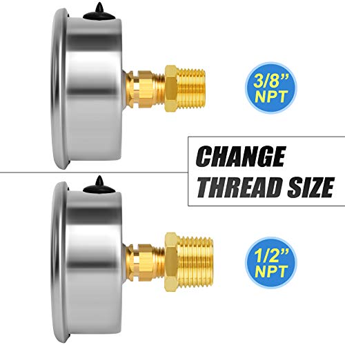 MEANLIN MEASURE 0~50Psi Stainless Steel 1/4" NPT 2.5" FACE DIAL Liquid Filled Pressure Gauge WOG Water Oil Air Center Back Mount, with 1/2" NPT and 1/4" x 3/8" NPT Hex Bushing - size: 0-50Psi