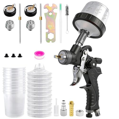 Mini HVLP Spray Gun with 0.8/1.0 mm Nozzles and 10x 200ML Disposable Paint Cups, Automotive Paint Gun Touch UP Paint Sprayer Gun, Air Paints Gun for Auto Paint, Primer, Repair Detail - color: Black2