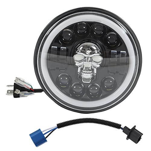 Motorcycle Headlight, Skull Head Pattern Dustproof Waterproof Motorcycle Round Headlamp White Lighting for Modification (Pokerty9Bq0QkCfX)