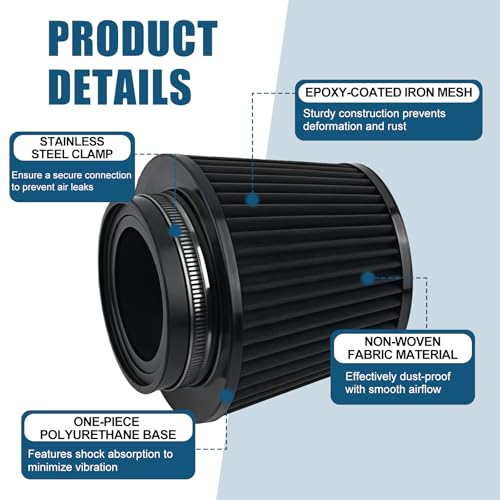 Universal Clamp-On Air Intake Filter, High Flow Closed-Top Cool Air Filter Cleaner, Tapered Cone Design, Washable & Reusable with 76 89 102 mm (3", 3.5", 4") Adapter Rings for Most Vehicles