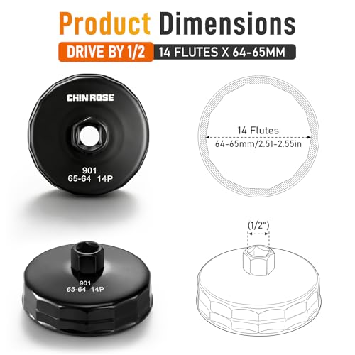 64-65mm Oil Filter Wrench, 14 Flutes, 1/2 Inch Square Drive