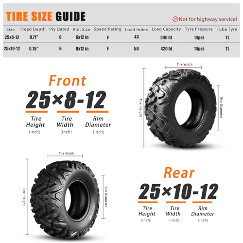 TRIPOWER Set of 4 ATV UTV Tires 25x8-12 Front & 25x10-12 Rear Tire, 6PR All Terrain Four Wheeler Tires 25x8x12 & 25x10x12 Sport Mud Trail Off-Road Tire, Tubeless - size: 25x8-12 & 25x10-12