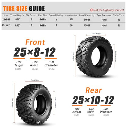 TRIPOWER Set of 4 ATV UTV Tires 25x8-12 Front & 25x10-12 Rear Tire, 6PR All Terrain Four Wheeler Tires 25x8x12 & 25x10x12 Sport Mud Trail Off-Road Tire, Tubeless - size: 25x8-12 & 25x10-12