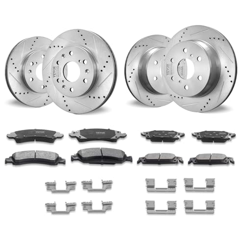VEVOR Front Rear Brake Kit for 2014-2018 Chevy Silverado GMC Sierra 1500, 2015-2020 Suburban Tahoe Yukon XL Escalade ESV, Drilled & Slotted Brake Rotors Ceramic Brake Pads Replacement Kit - size: S-55097 + S-55133
