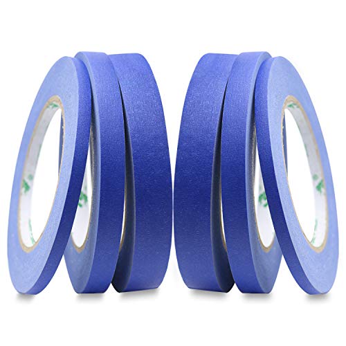 BOMEI PACK 6Pack Blue Painters Masking Tape, 1/4” 1/2” 3/4” X 60yds Multi Size Painting Paper Tape, Clean Removal with No Residue