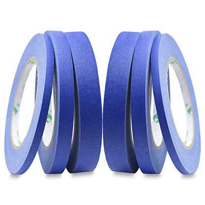 BOMEI PACK 6Pack Blue Painters Masking Tape, 1/4” 1/2” 3/4” X 60yds Multi Size Painting Paper Tape, Clean Removal with No Residue
