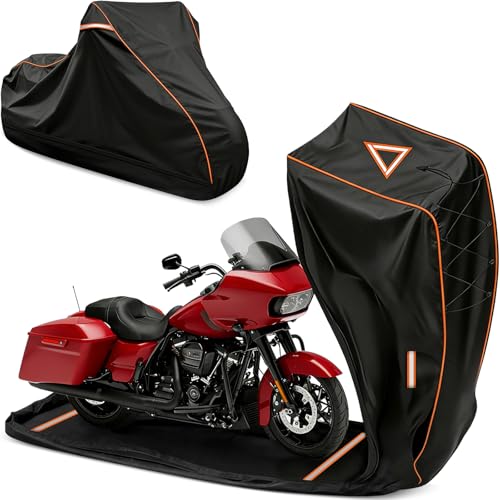 COVERVIN Full Enclosed Motorcycle Cover, 600D Heavy Duty Waterproof Motorcycle Cover, Outdoor UV Protection with Reflective Strips, Fits 108" Harley Honda Yamaha Suzuki, Cruiser, Touring Black - size: XXXL-108"
