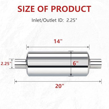 LCGP 2.25" Inlet Universal Resonator, 2.25" Outlet 20" Overall Length Stainless Steel High Performance Muffler, Polished, Pass-Thru Design - size: 2.25" Round body