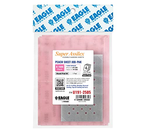 Super Assilex Flexible Sanding Sheets Job-PAK, Peach K-1500, U191-2505, 4 Sheets + 1 M Hand Pad for Half Sheets - color: K-1500 Peach, size: w/ Half-sheet M Pad
