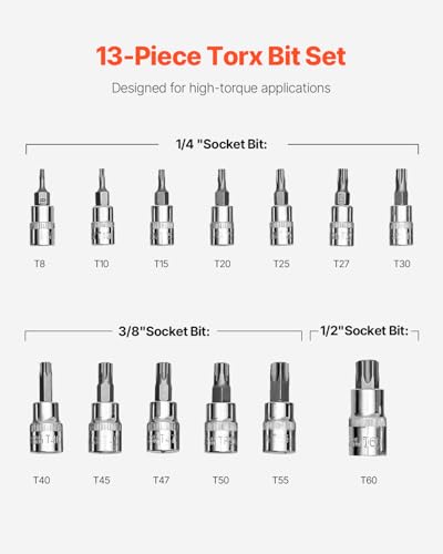 VEVOR Torx Bit Socket Set, 13-Piece Star T8 - T60 Set, S2 Alloy Steel and Cr-V Steel, 1/4 in, 3/8 in, and 1/2 in Drives, with Enhanced Storage Case, Torx Sockets for Hand Use, Mechanics, Auto Repair - size: 13 PCS