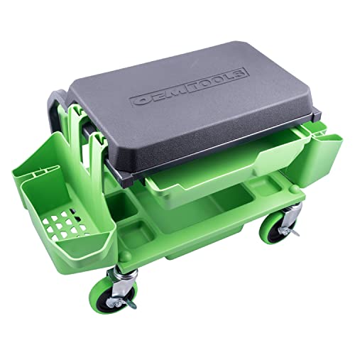 OEMTOOLS Sidekick Rolling Mechanic Stool – 5 Tool Trays, Cushioned Seat, 330 lb Capacity (Green)