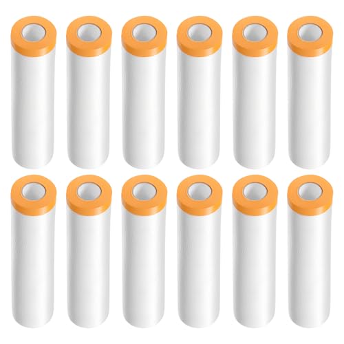 HARFINGTON 12 Rolls Pre-Taped Masking Film 70.9" x65.6ft Tape and Drape Painters Plastic Drop Cloth Film with Tape Plastic Sheeting for Automotive Painting Covering - color: Yellow, size: 70.9"x65.6ft