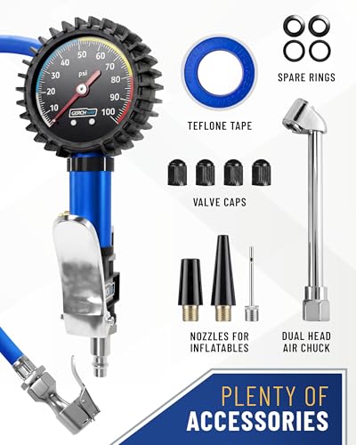 Tire Inflator with Pressure Gauge — Air Chuck with Gauge for Air Compressor - size: Extended (Gauge/Case/Accs.)