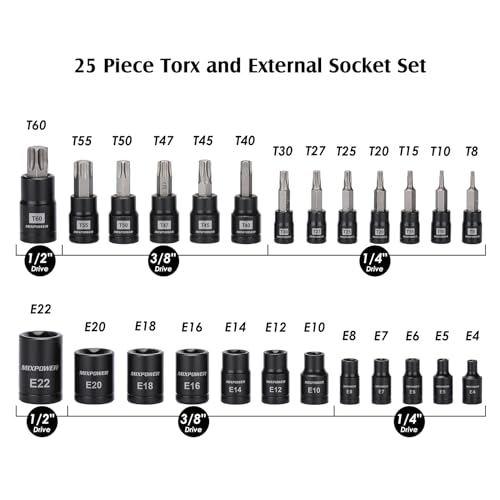 MIXPOWER 25 Piece Torx Bit and Socket Set, 13 Star Bits (T8- T60) & 12 E-Torx Sockets (E4-E22), Professional Grade Auto & Motorcycle Mechanic Set (Pack of 2) - size: T8-T60,E4-E22(25PCS) (Pack of 2)
