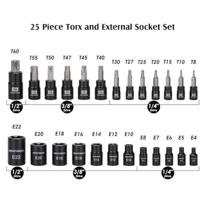 MIXPOWER 25 Piece Torx Bit and Socket Set, 13 Star Bits (T8- T60) & 12 E-Torx Sockets (E4-E22), Professional Grade Auto & Motorcycle Mechanic Set (Pack of 2) - size: T8-T60,E4-E22(25PCS) (Pack of 2)