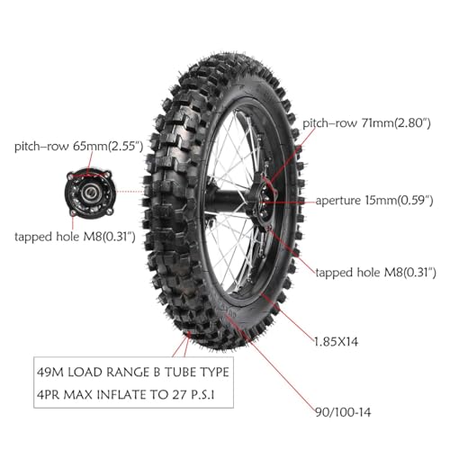 17/14 Dirt Bike Wheel Set, 70/100-17 Front 90/100-14 Rear Tire Rim Assembly with 0.59in 15mm Bearings and Brake Rotors for 110cc 125cc 140cc 150cc Pit Bike
