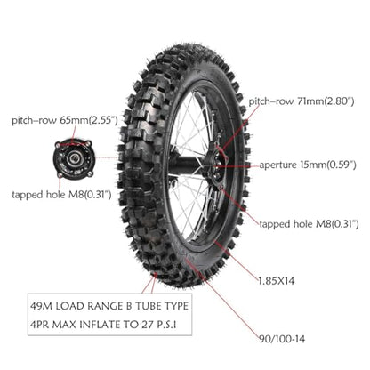 17/14 Dirt Bike Wheel Set, 70/100-17 Front 90/100-14 Rear Tire Rim Assembly with 0.59in 15mm Bearings and Brake Rotors for 110cc 125cc 140cc 150cc Pit Bike