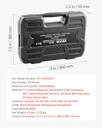 VEVOR Master Magnetic Impact Nut Driver Set 55PCS, Metric & SAE Sizes, with Socket Adapters, Bit Holder, Wing Nut Driver, Pivoting Nutsetter, Quick Release Extension, Power Bits, Storage Box - size: 55 pcs