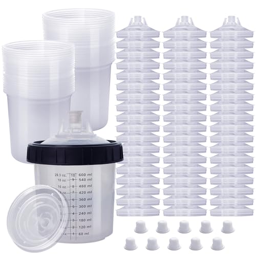 Disposable Paint Spray Gun Cup,HVLP Paint Spray Paint Gun 20 Ounce (600ml) Kit with 55 Cups and Lids System, 1 Hard Cup with Retainer Ring and 10 Plugs