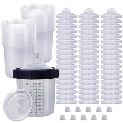 Disposable Paint Spray Gun Cup,HVLP Paint Spray Paint Gun 20 Ounce (600ml) Kit with 55 Cups and Lids System, 1 Hard Cup with Retainer Ring and 10 Plugs