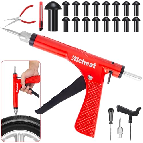 Richcat Tubeless Tire Puncture Repair Kit with Mushroom Plug, Repairs punctures and Flat Tires for Motorcycles, Cars, Trucks, ATVs,Gun Puncture Repair Kit - size: 16 Mushroom Plug Kit