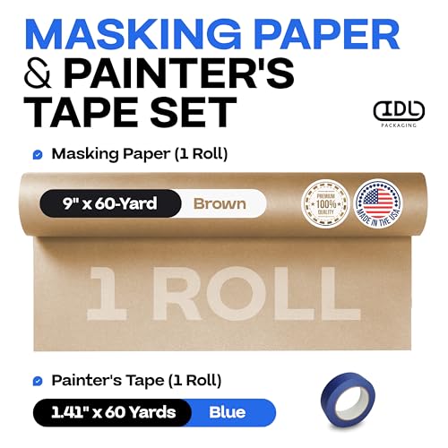 Masking Paper and Tape Set - 9" x 60 Yards Brown Masking Paper (1 Roll) and 1.41" x 60 Yards Blue Tape (1 Roll) - Masking Kit for Home Improvements - Painter’s Tape with Paper - color: 09"x180', Brown, size: 1 Roll + Tool