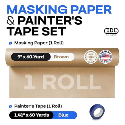 Masking Paper and Tape Set - 9" x 60 Yards Brown Masking Paper (1 Roll) and 1.41" x 60 Yards Blue Tape (1 Roll) - Masking Kit for Home Improvements - Painter’s Tape with Paper - color: 09"x180', Brown, size: 1 Roll + Tool