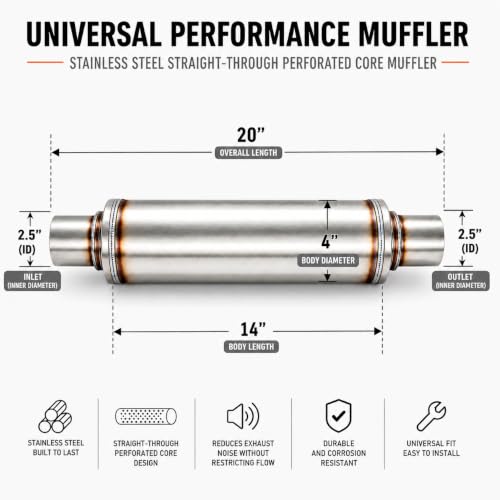 2.5" In/Outl stainless steel straight-Through Perforated Core Universal Performance Muffler,Fit for All Cars and Trucks - size: 2.5in