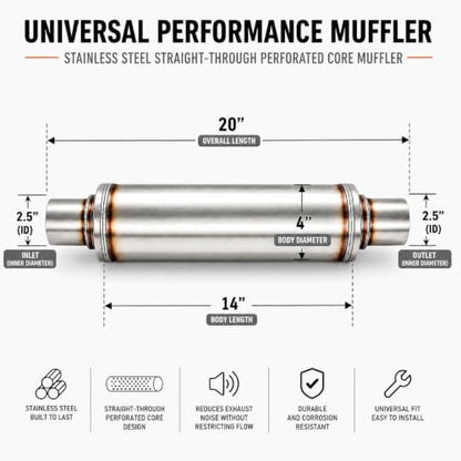 2.5" In/Outl stainless steel straight-Through Perforated Core Universal Performance Muffler,Fit for All Cars and Trucks - size: 2.5in