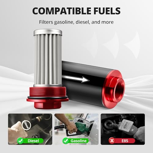 EVIL ENERGY Inline Fuel Filter 100 Micron with 6AN 8AN 10AN Adapter&Bracket Clamp 50MM Universal Red