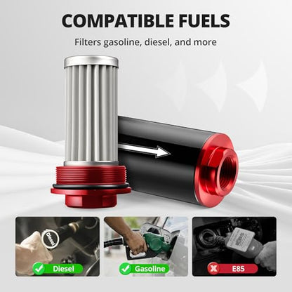 EVIL ENERGY Inline Fuel Filter 100 Micron with 6AN 8AN 10AN Adapter&Bracket Clamp 50MM Universal Red