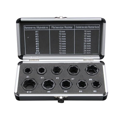 10Pcs/Set Bolt and Nut Extractor Set with 9-19mm Screw and Nut Remover Socket Wrenches Tool for Removing Damaged, Dead, Rusted, Rounded-Off Bolts, Nuts & Screws