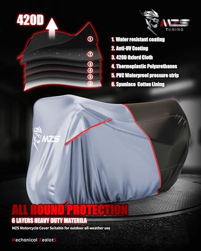 MZS Motorcycle Cover Waterproof Outdoor, Heavy Duty All Season Weather Sun Protection with Storage Bag Vents Night Reflective Cotton Lining Lock Holes fits up to 86" Motorbikes Vehicle Covers - size: Large 86 inches