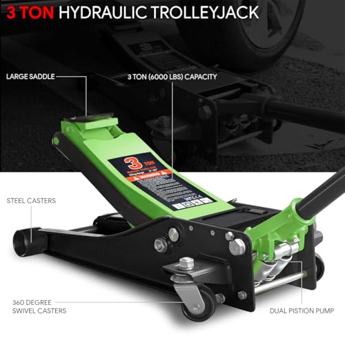 DNA Motoring Low Profile Hydraulic Trolley Service/Floor Jack, 3 Ton (6000 lbs) Capacity Heavy Duty Hydraulic Car Jack, Lifting Range 3"-20", Green, TOOLS-00475-GR - color: Green, style: 3 ton