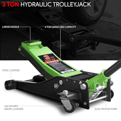 DNA Motoring Low Profile Hydraulic Trolley Service/Floor Jack, 3 Ton (6000 lbs) Capacity Heavy Duty Hydraulic Car Jack, Lifting Range 3"-20", Green, TOOLS-00475-GR - color: Green, style: 3 ton