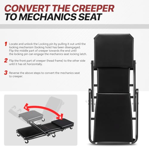 Foldable Creeper, 2-in-1 Rolling Garage Z Creeper Car & Seat, 36" Roller Mechanics Under Car Chair, 330 LBS Weight Capacity Heavy Duty, Black - color: Black, size: 36 Inch Length