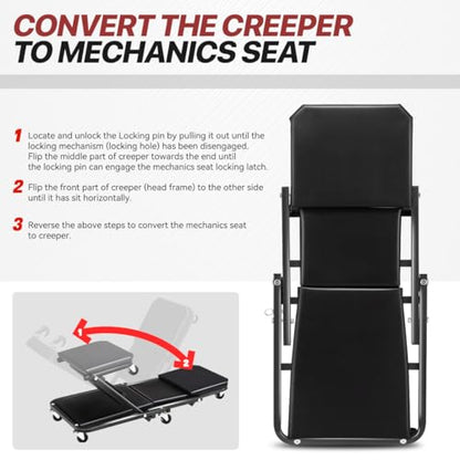 Foldable Creeper, 2-in-1 Rolling Garage Z Creeper Car & Seat, 36" Roller Mechanics Under Car Chair, 330 LBS Weight Capacity Heavy Duty, Black - color: Black, size: 36 Inch Length