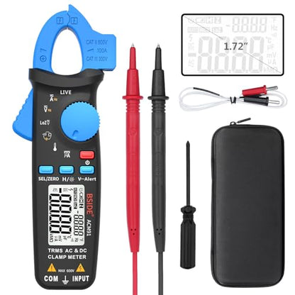Bside ACM91 1mA Clamp Meter DC/AC Current True RMS Auto-Ranging 6000 Counts Multimeter Live Check V-Alert Temperature Capacitance Frequency Tester with Back Clip - color: Blue
