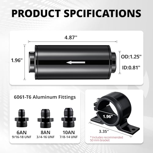 EVIL ENERGY Inline Fuel Filter 10 Micron with 6AN 8AN 10AN Adapter&Bracket Clamp 50MM Universal