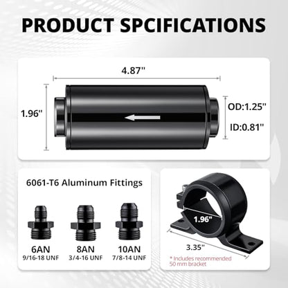 EVIL ENERGY Inline Fuel Filter 10 Micron with 6AN 8AN 10AN Adapter&Bracket Clamp 50MM Universal