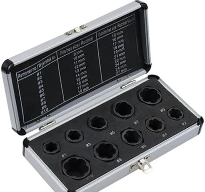 10Pcs/Set Bolt and Nut Extractor Set with 9-19mm Screw and Nut Remover Socket Wrenches Tool for Removing Damaged, Dead, Rusted, Rounded-Off Bolts, Nuts & Screws