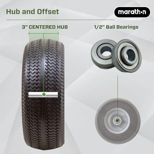 Marathon 00026 Flat Free 2.80/2.50-4 Tire and Wheel Assembly, 3” Centered Hub, 1/2” Ball Bearings, Replacement Tire for Casters, Utility Carts and Other Equipment, Easy Install Assembly - style: 1/2" Ball Bearings